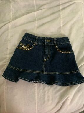 Y2K NWOT Vintage 2B Real Girl Kid Size 4 Dark Wash Denim Skirt white Gold Sequin